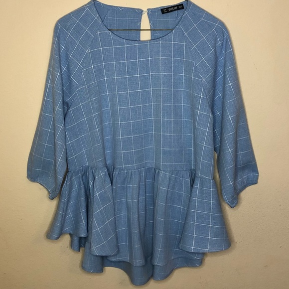 SHEIN Tops - DONATED Shein Powder Blue & White Plaid High Low Peplum Blouse